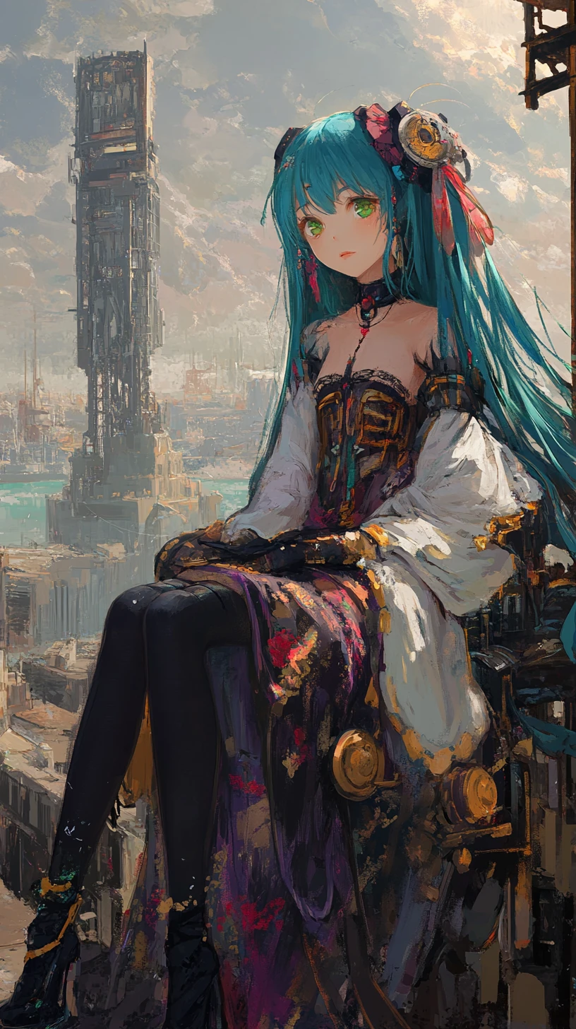 Anime girl with blue hair sitting on a ruined robot