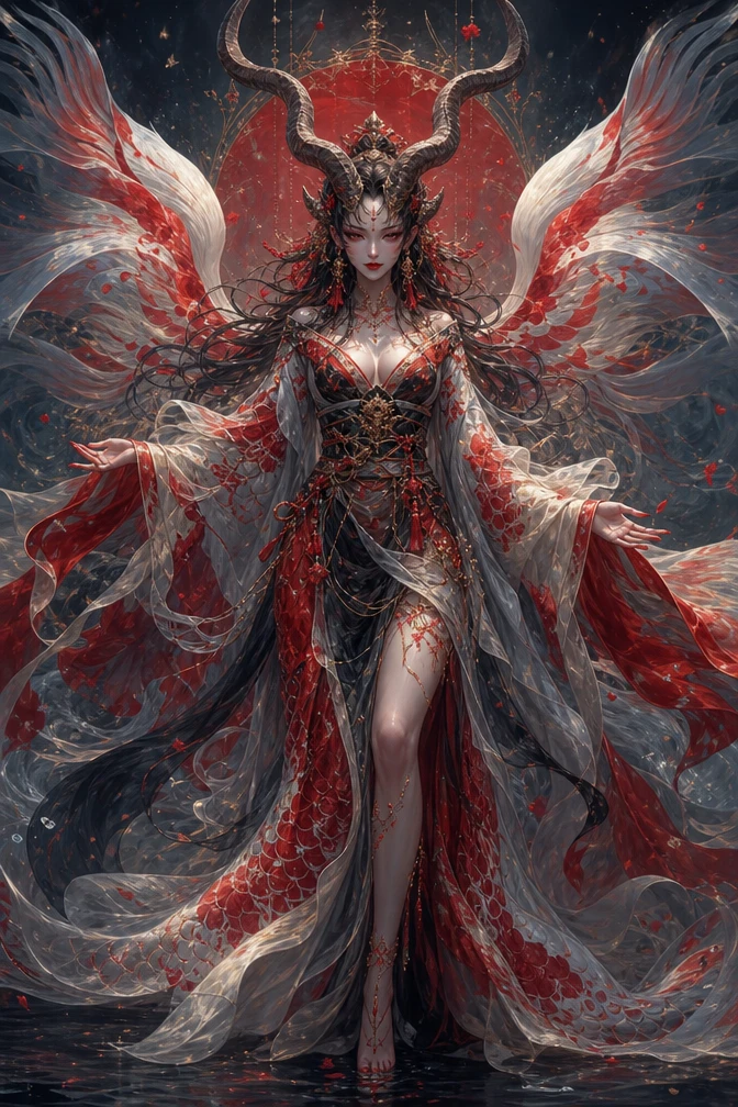 Demonia con kimono de seda inspirado en carpas koi frente al espectador