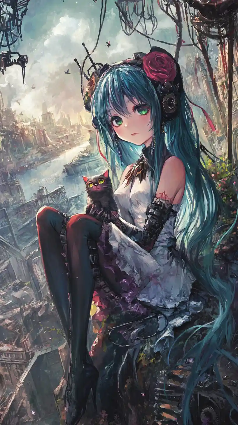 Anime girl with blue hair sitting on a ruined robot