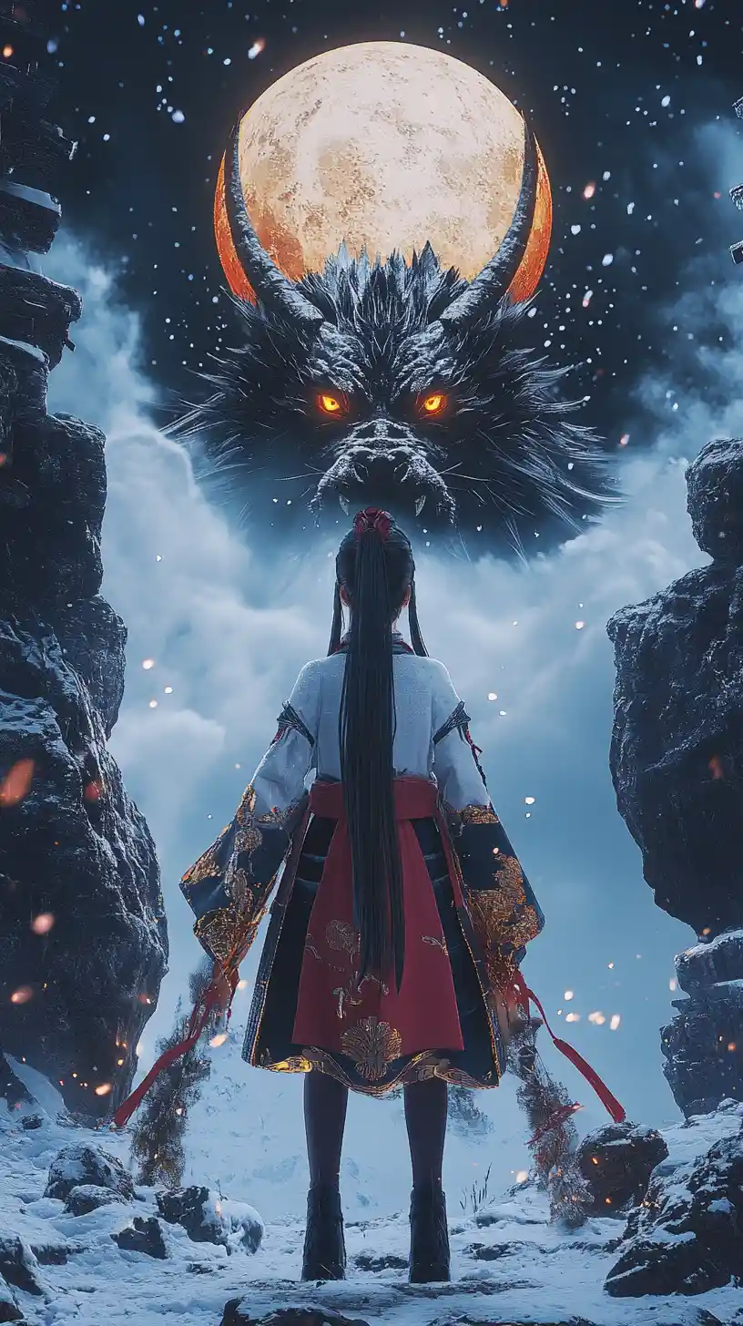 Anime girl on a triangular winter base beneath dragon moon