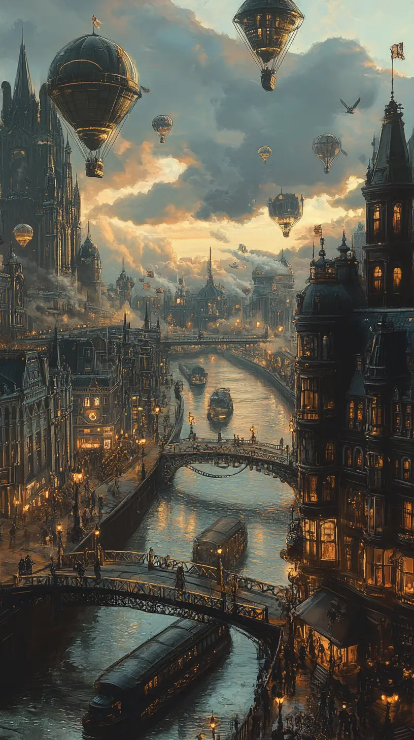Grand steampunk cityscape with airships over glowing canal