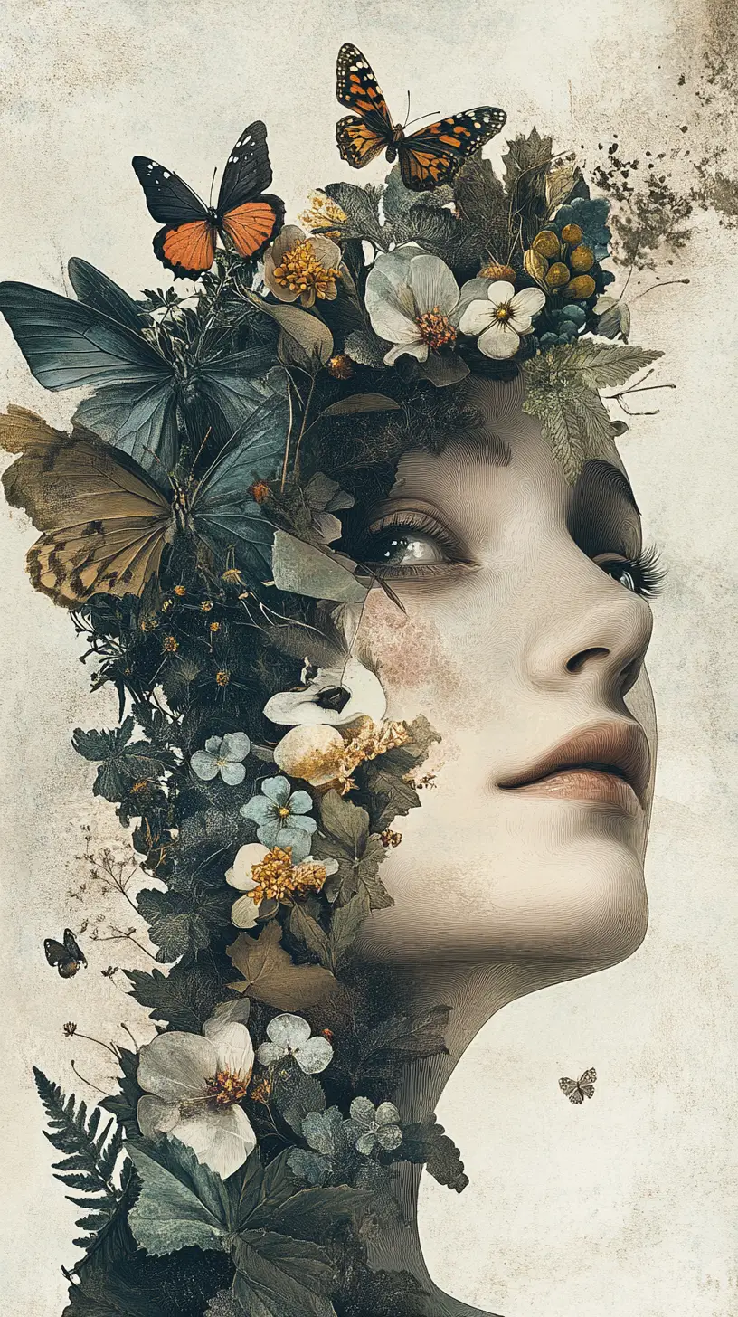 Ethereal woman with ceramic face revealing inner botanical garden
