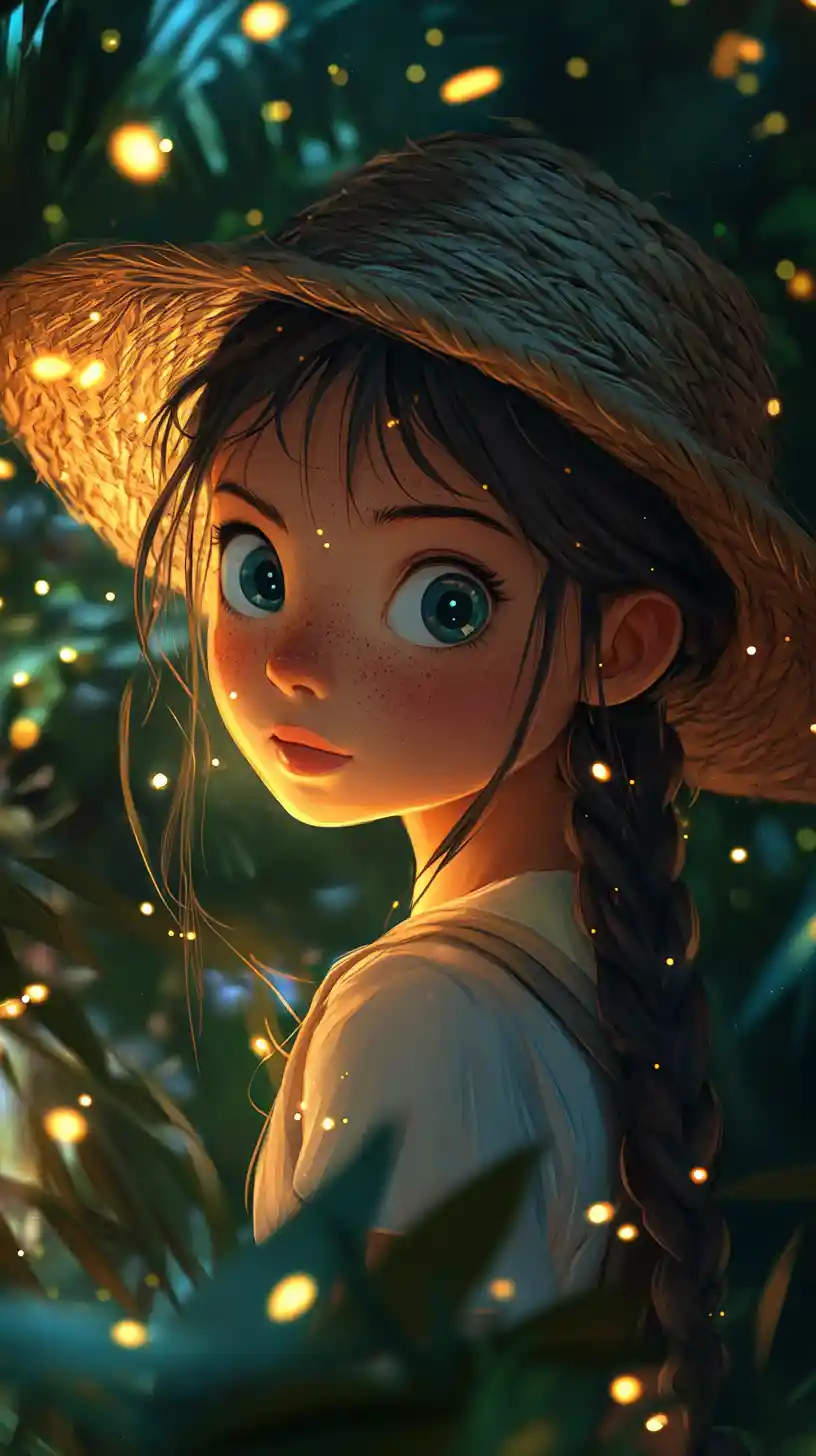 Anime girl in straw hat surrounded by glowing fireflies