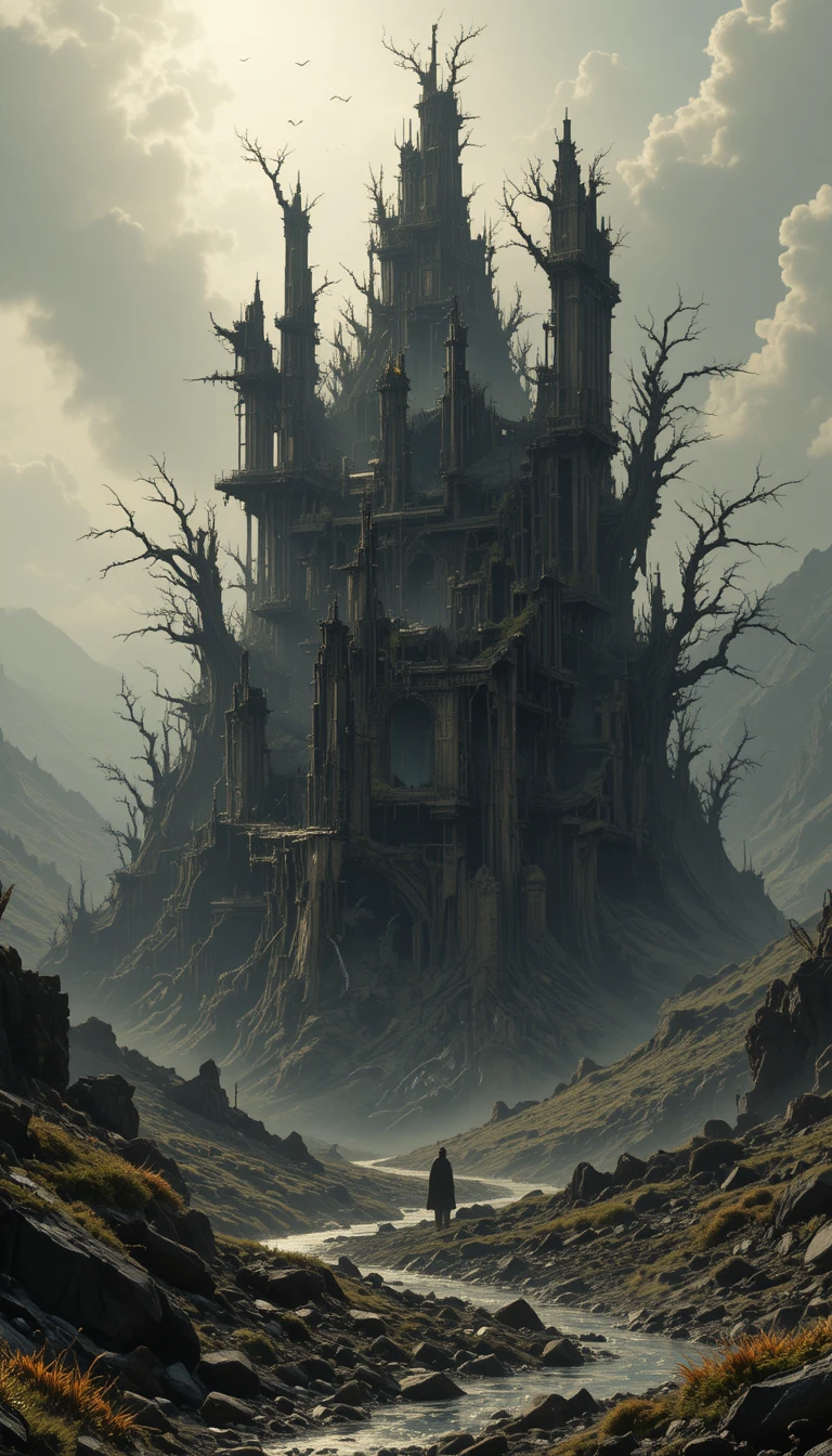 Tranquil paradise rising above a ruined dark fortress