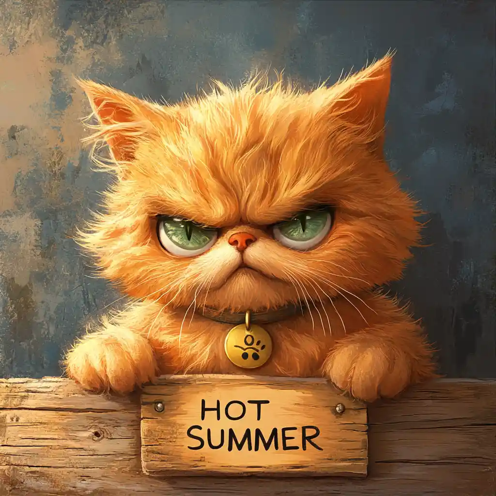 Grumpy orange cat with hot summer wooden sign