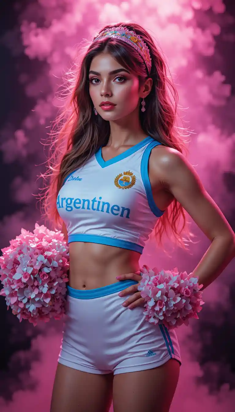 Curvy cheerleader in Argentina jersey on dreamy pink backdrop
