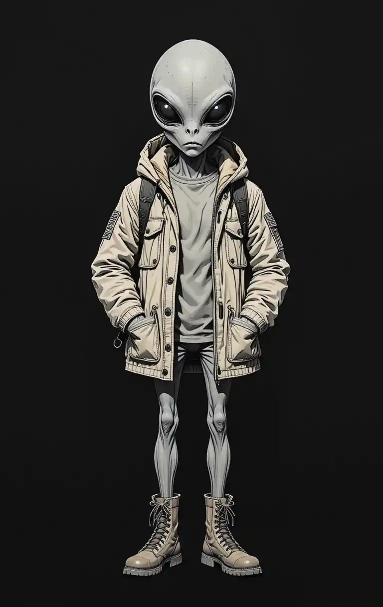 Grey alien in hooded jacket with combat boots