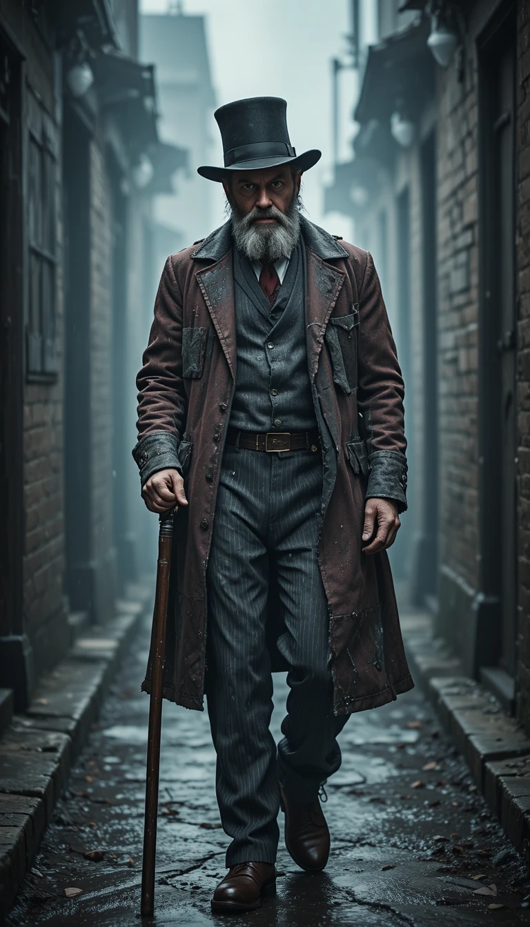 Weary bearded man in tattered suit walking down foggy alley