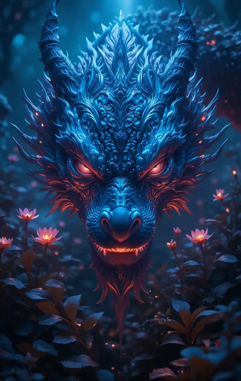 Majestic dragon face glowing among mysterious forest lights