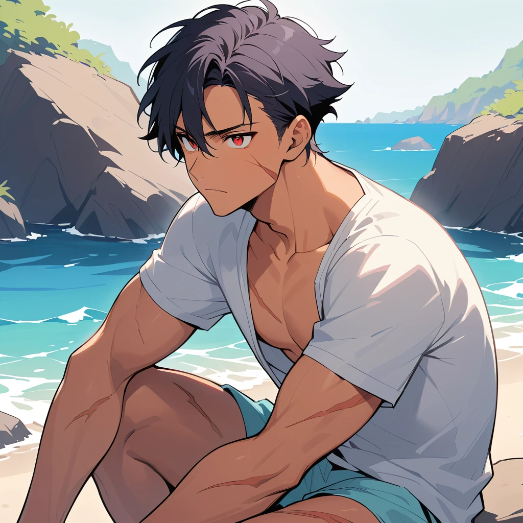 Scarred muscular man sitting on a rock by the sea