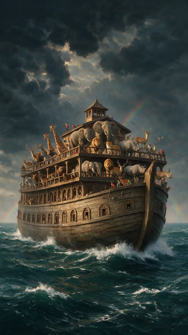 Noahs Ark Riding Stormy Seas Beneath Dramatic Clouds