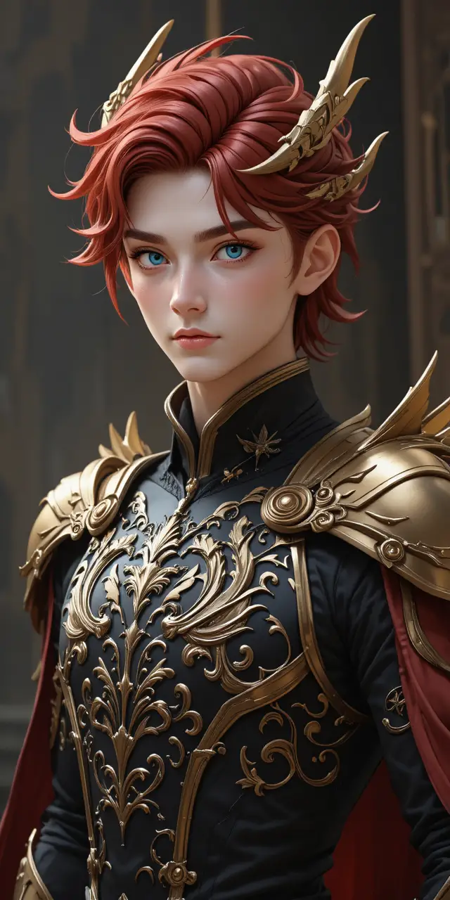 Young anime hero in ornate draconic armor with horns