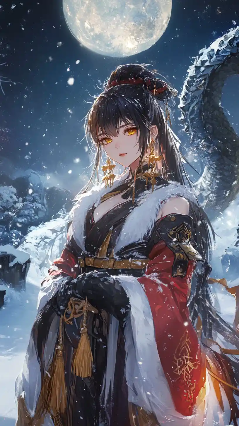 Anime girl in a winter base beneath a red night dragon