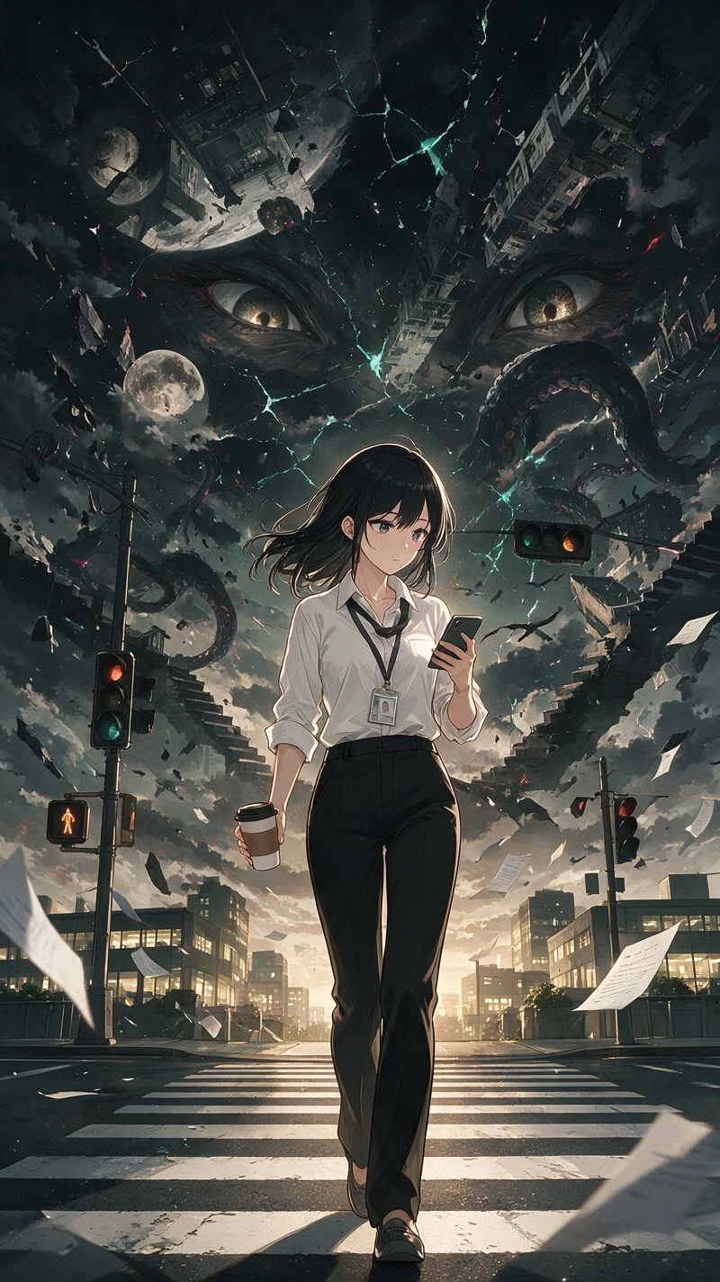 Anime office woman crossing a city crosswalk at night
