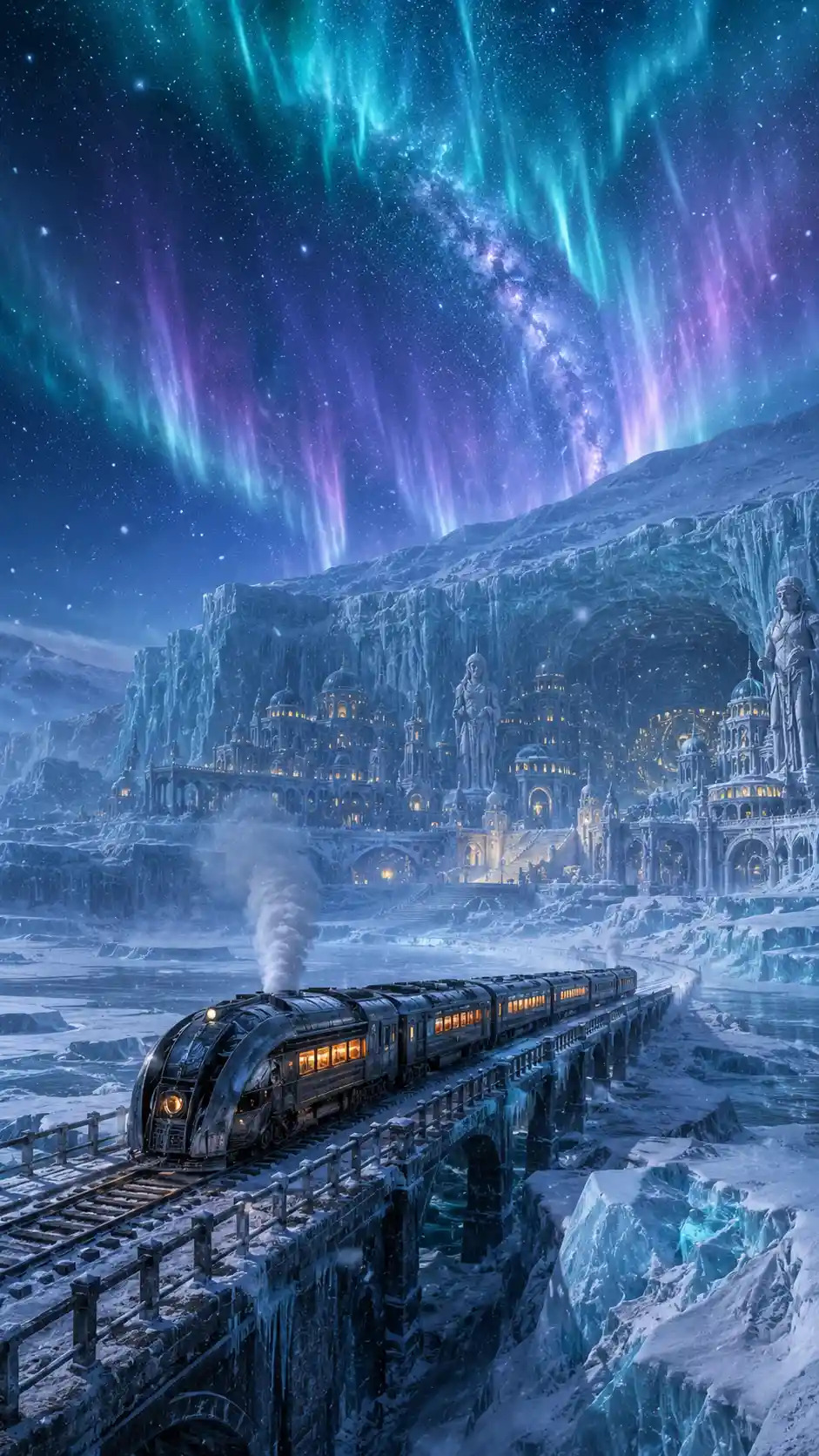 Trem cinematográfico cruzando a Antártica congelada sob a aurora