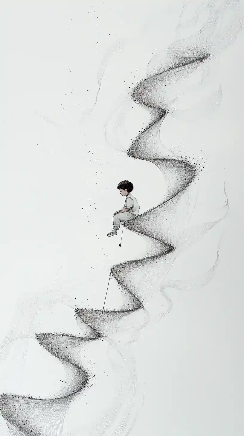 Miniature child climbing an endless thread staircase in the sky