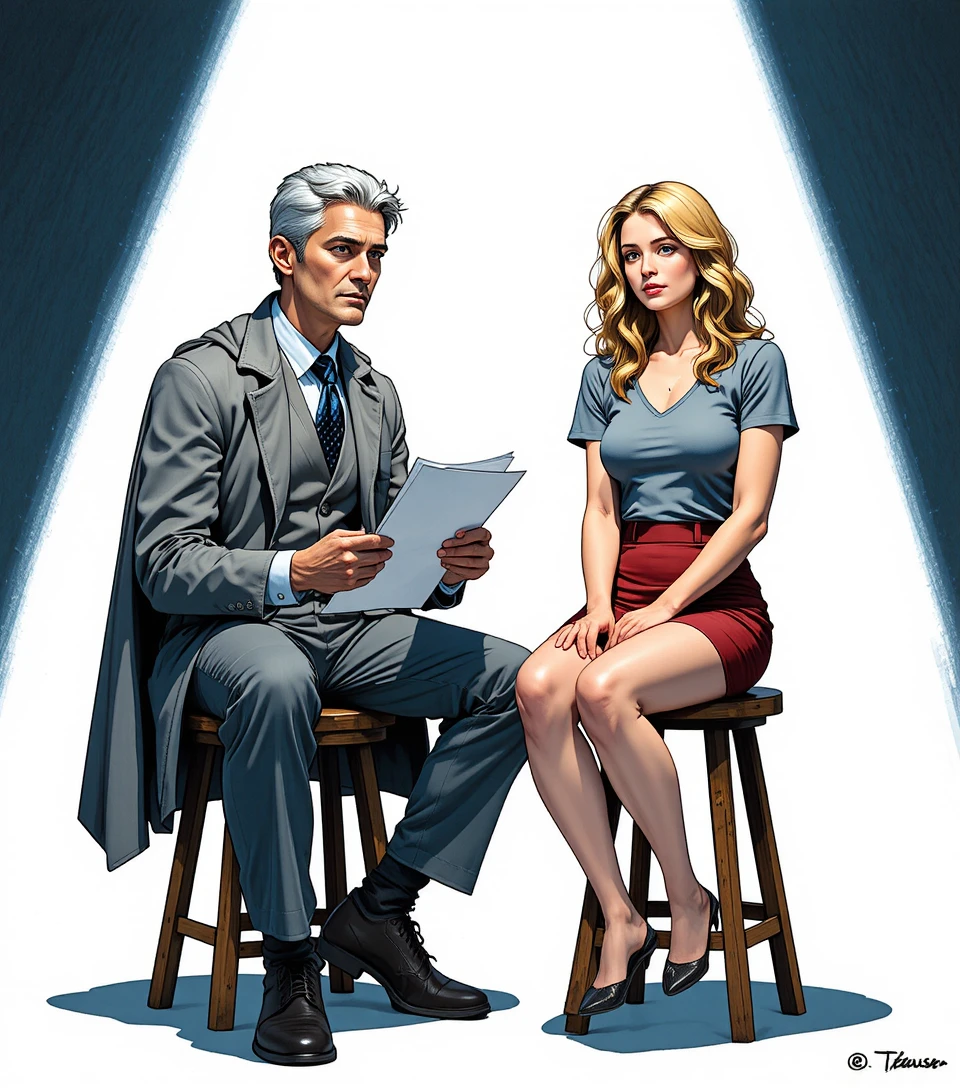 Man and woman seated on stools in dramatic white space