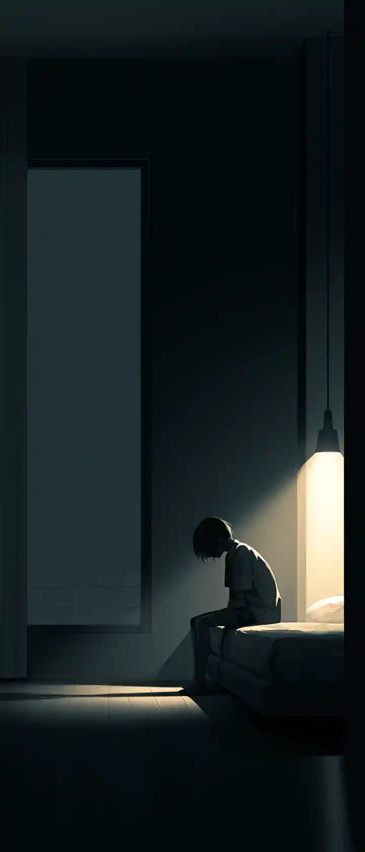 Lonely man on hotel bed in warm lamp lit anime room