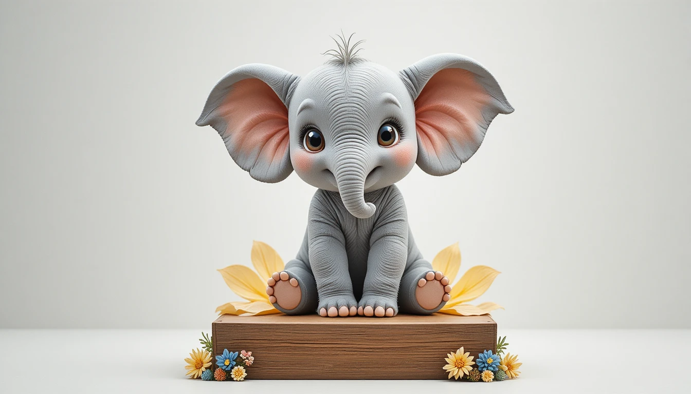 Adorável filhote de elefante em plataforma de madeira e flor amarela