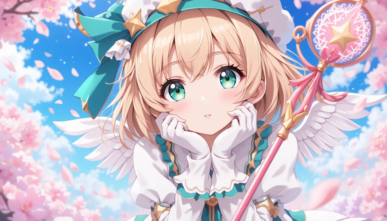 Magical anime girl with sakura petals in blue sky