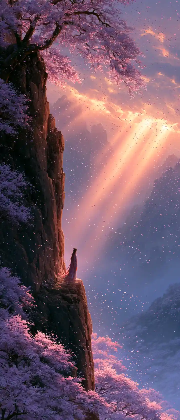 Lone wanderer on a cherry blossom cliff at twilight