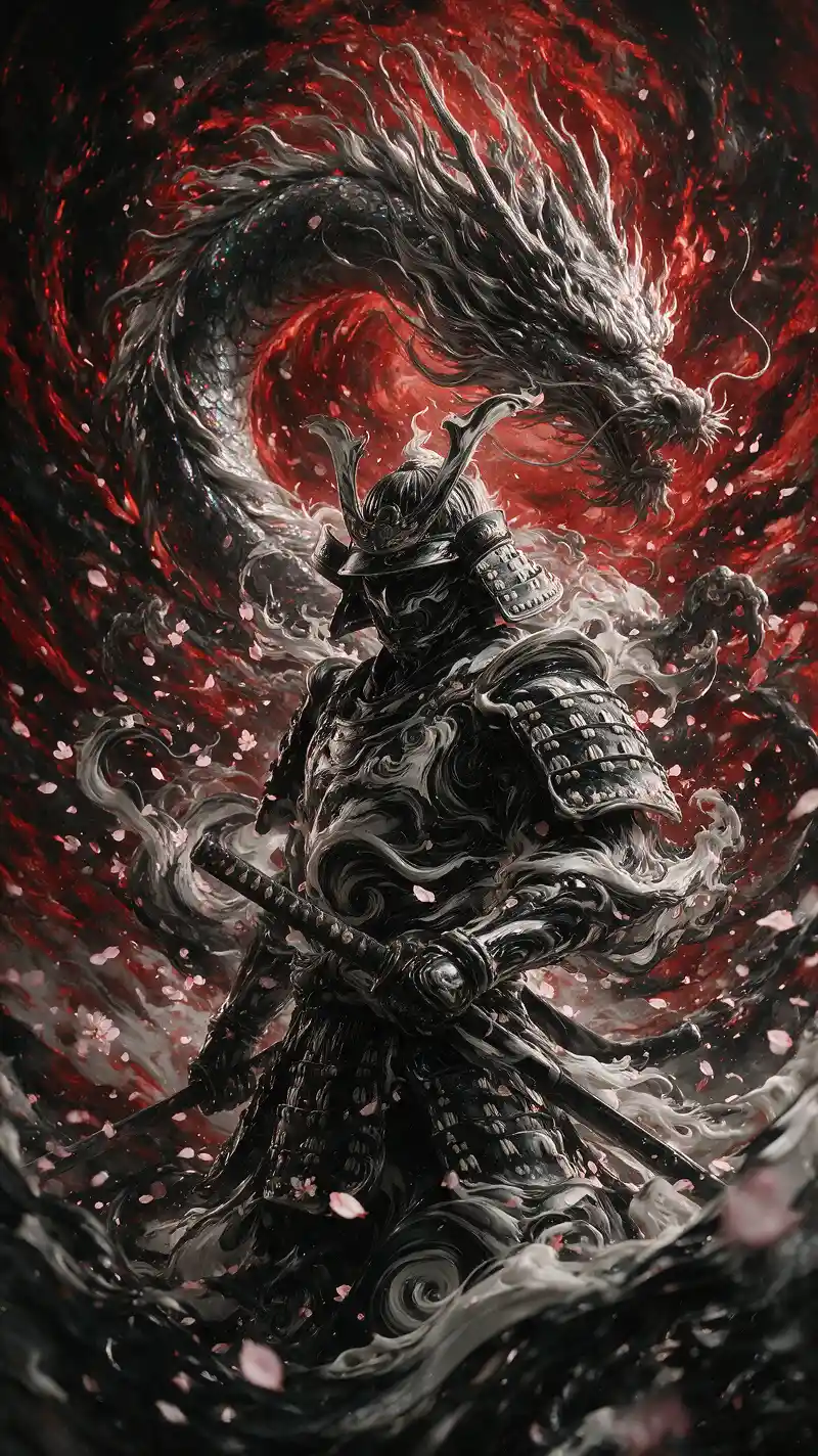 Surreal Samurai Warrior With Dragon In Liquid Armor