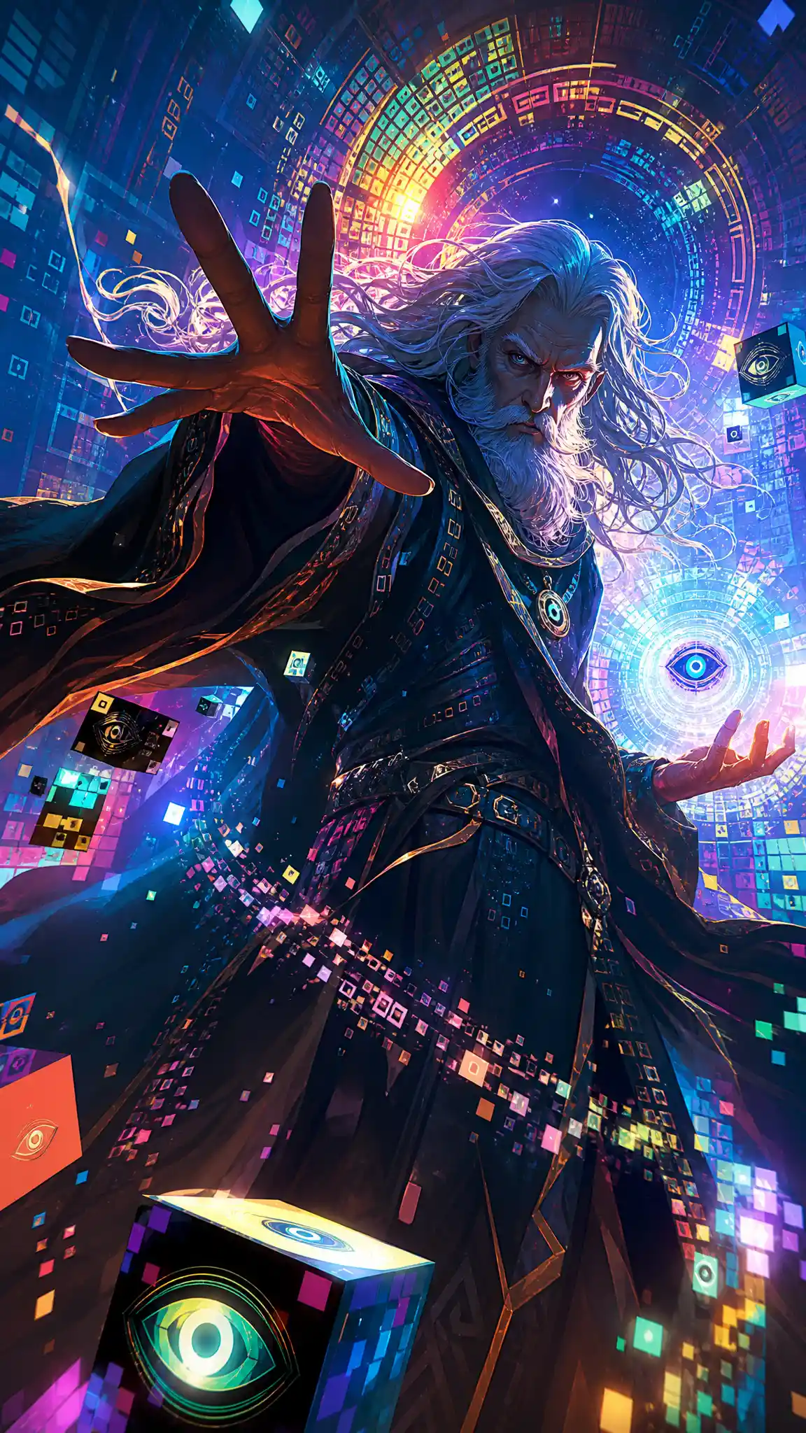 White haired male wizard in dynamic neon fantasy scene