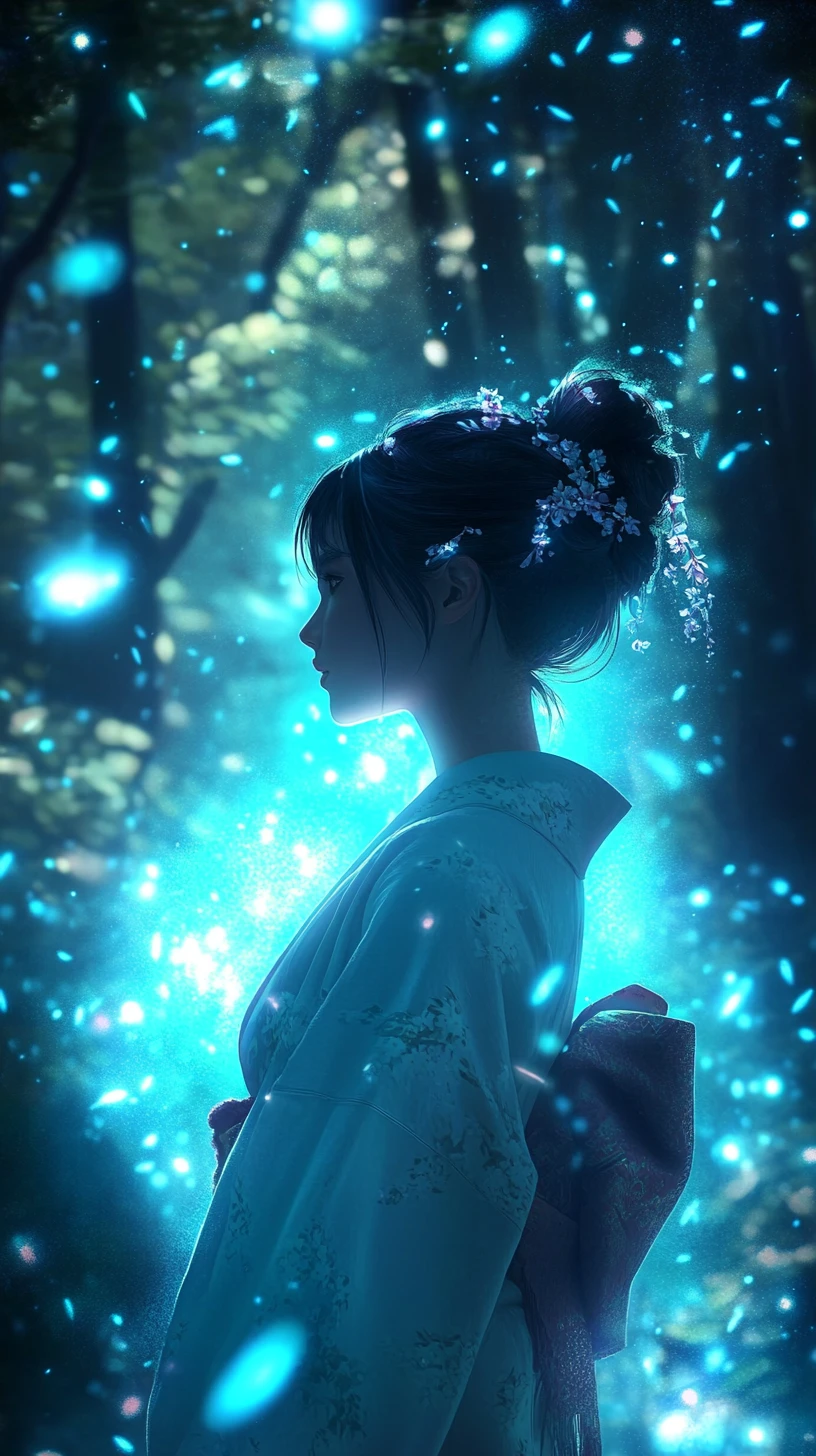 Anime girl in kimono glowing in a mystical forest