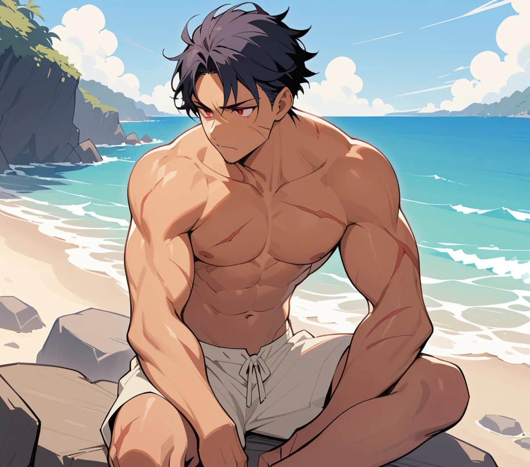 Scarred muscular man sitting by the sea on a rock