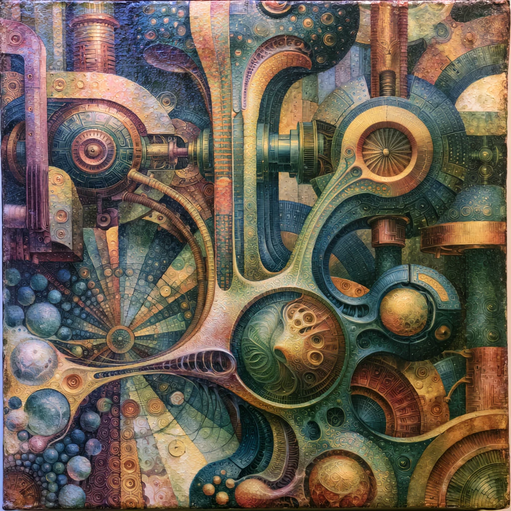 Surreal biomechanical creature emerging in a dreamlike landscape