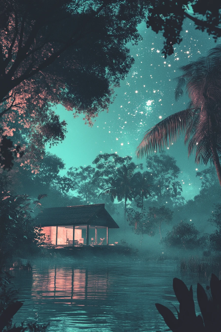 Midnight lagoon scene with a soft lofi chill atmosphere