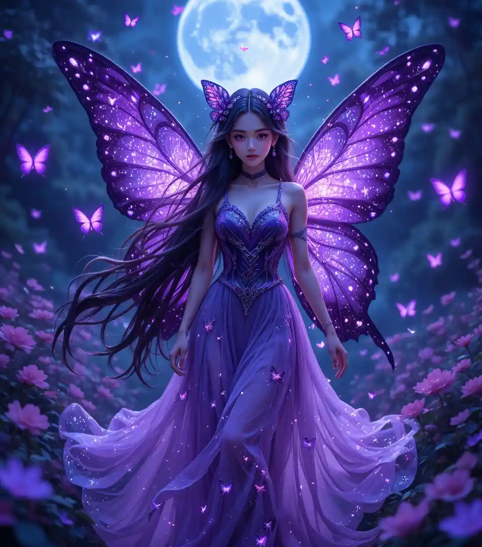 Ethereal butterfly winged girl in a glowing night garden