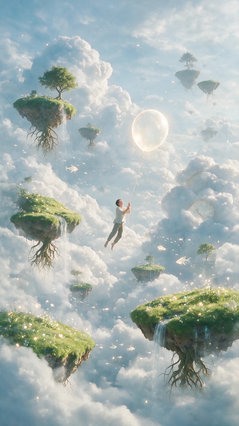 Man Floating With Luminous Balloon Among Sky Islands