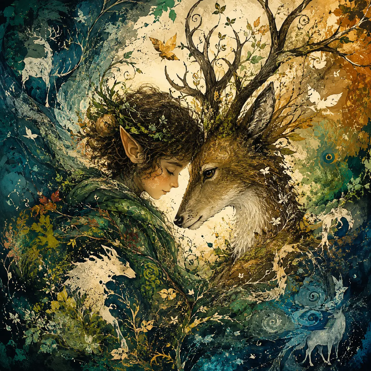 Young forest elf meeting a deer in flowing colors