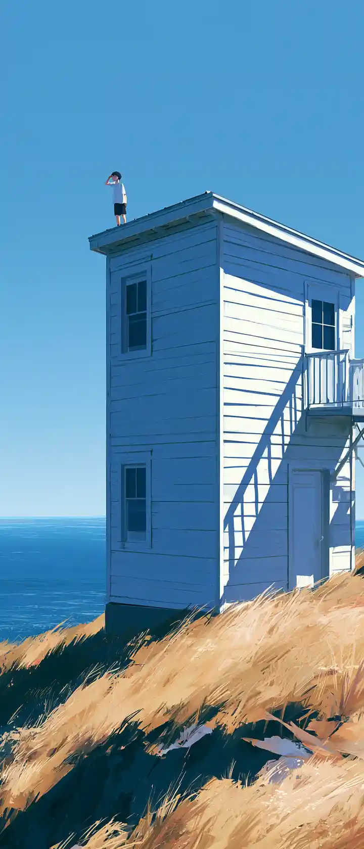 Lonely Anime Figure On White Hilltop House By The Sea