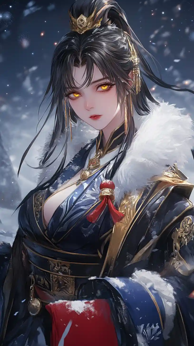 Anime girl in winter base beneath dragon and moon
