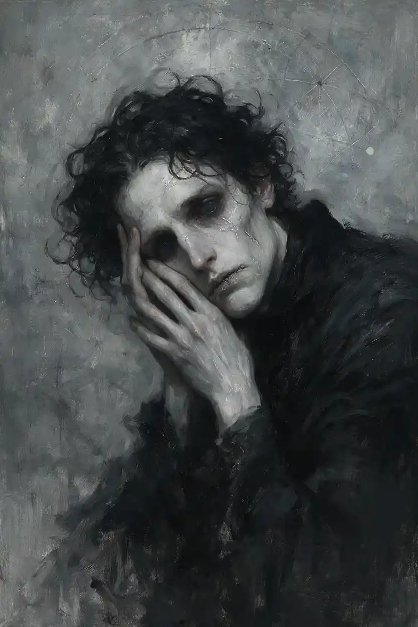 Pale man in brooding gothic oil portrait with soft shadows