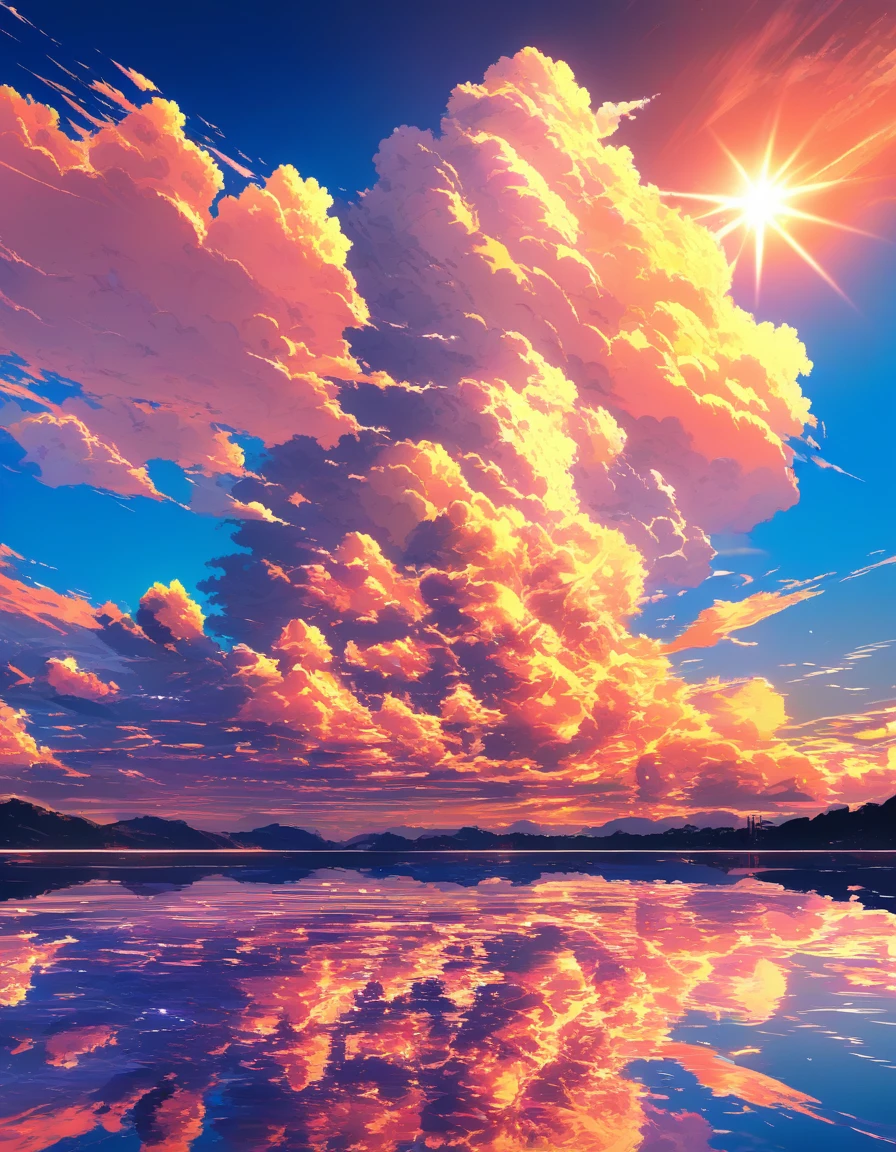 Escena de océano estilo anime con muelle de madera y nubes imponentes