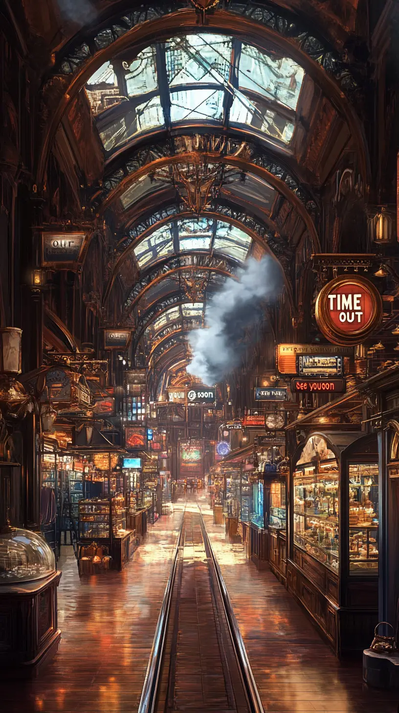 Ornate steampunk corridor with shops and glowing central passage
