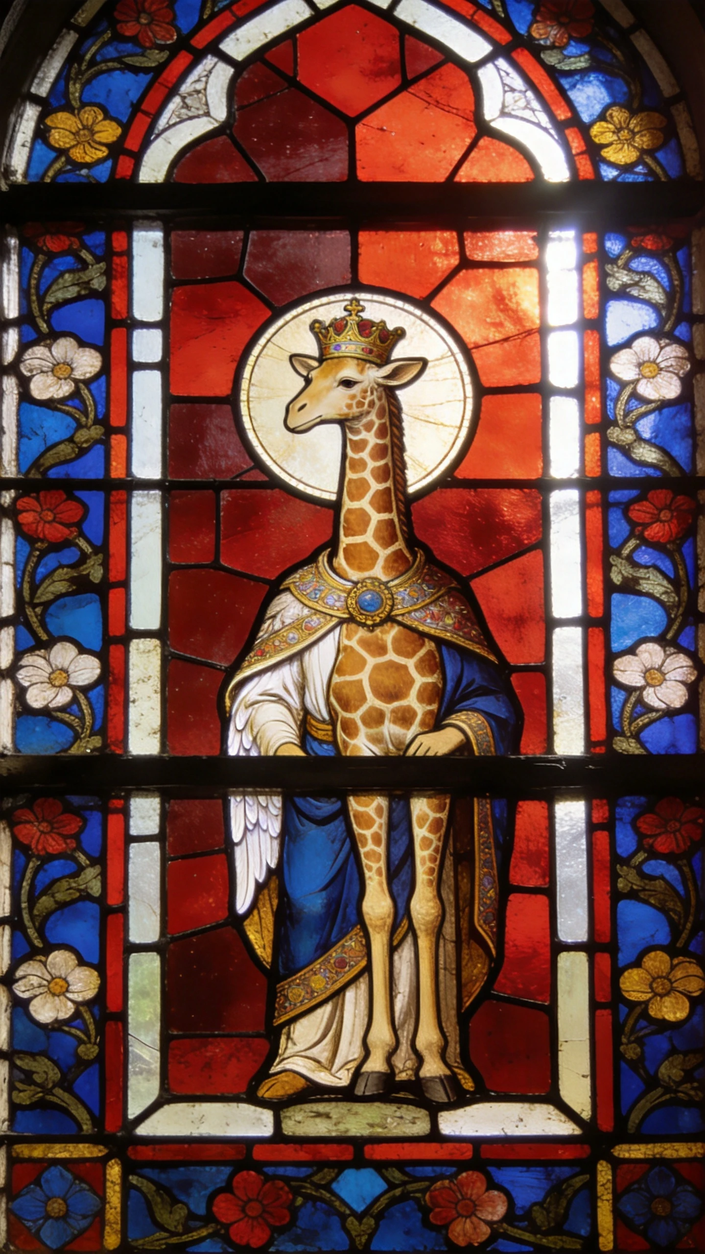 Byzantine stained glass saintly giraffe in church window