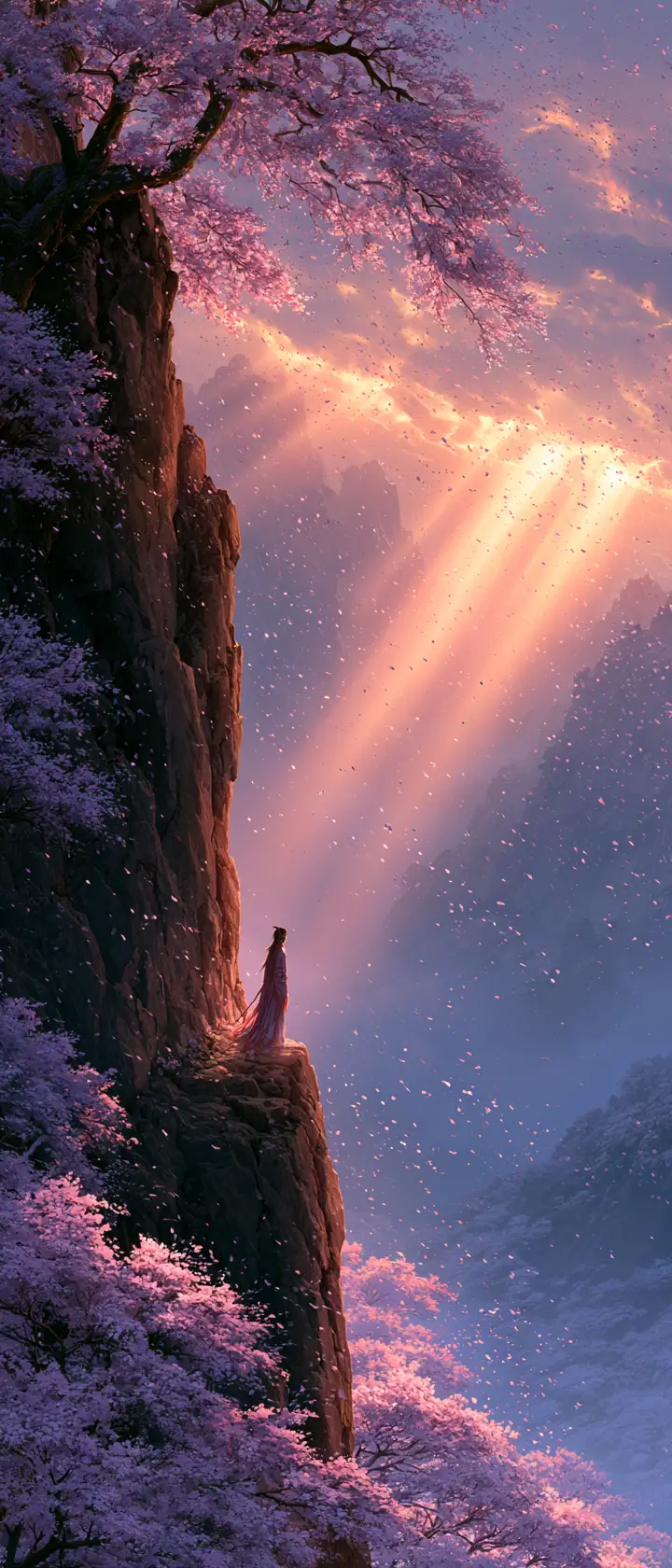 Lone wanderer on a cherry blossom cliff at twilight