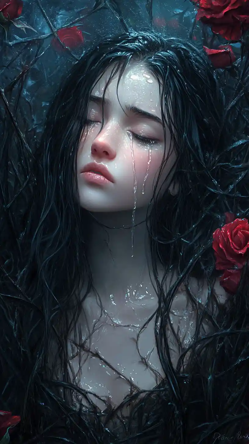 Young woman crying among thorny roses in darkness