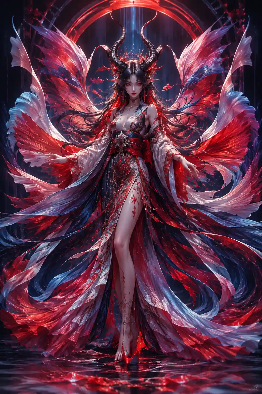 Horned demoness in flowing betta inspired silk kimono
