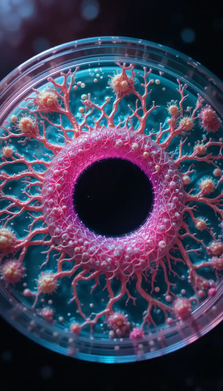 Macro petri dish eye with glowing organic cosmic patterns