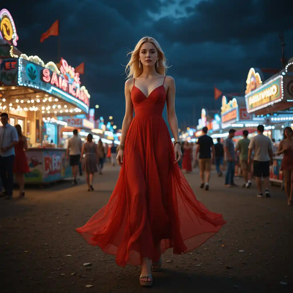 Blonde woman in red maxi dress at a lively fun fair
