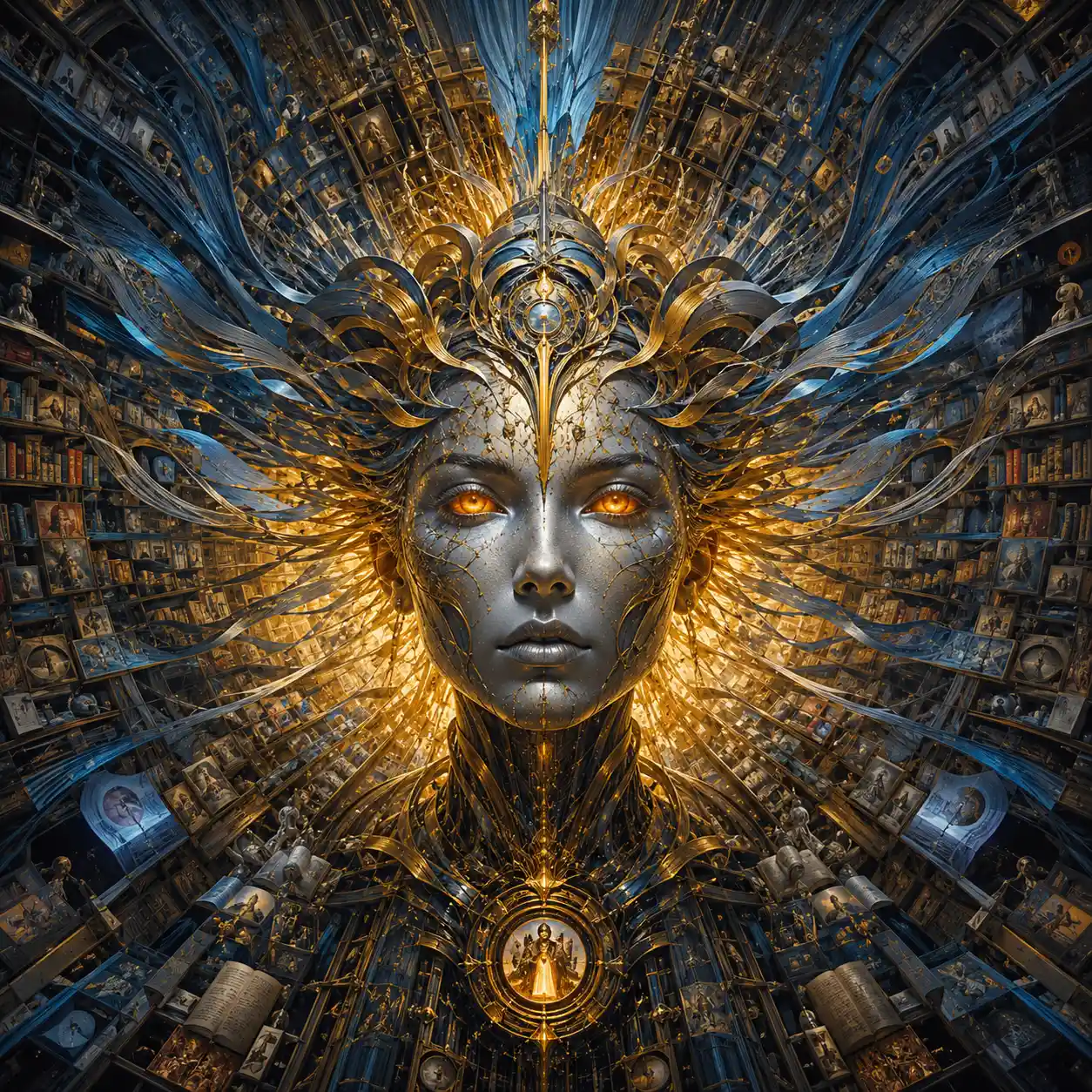 Surreal silver faced woman framed by radiant steel halo