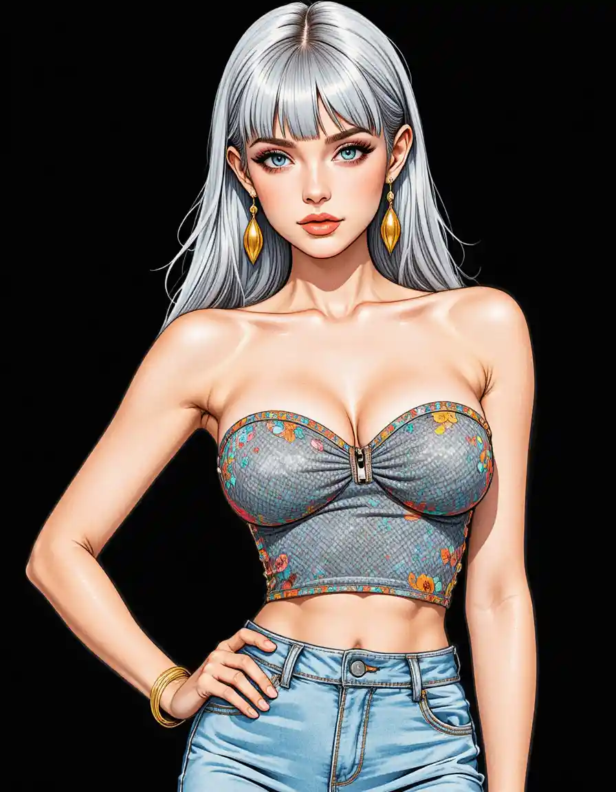 Confident woman in bandeau top and denim skirt illustration