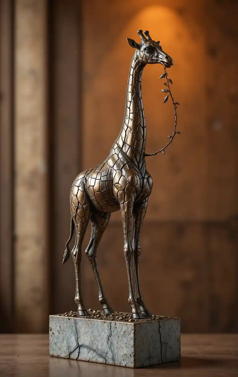 Bronze highlighted giraffe sculpture eating a tree branch