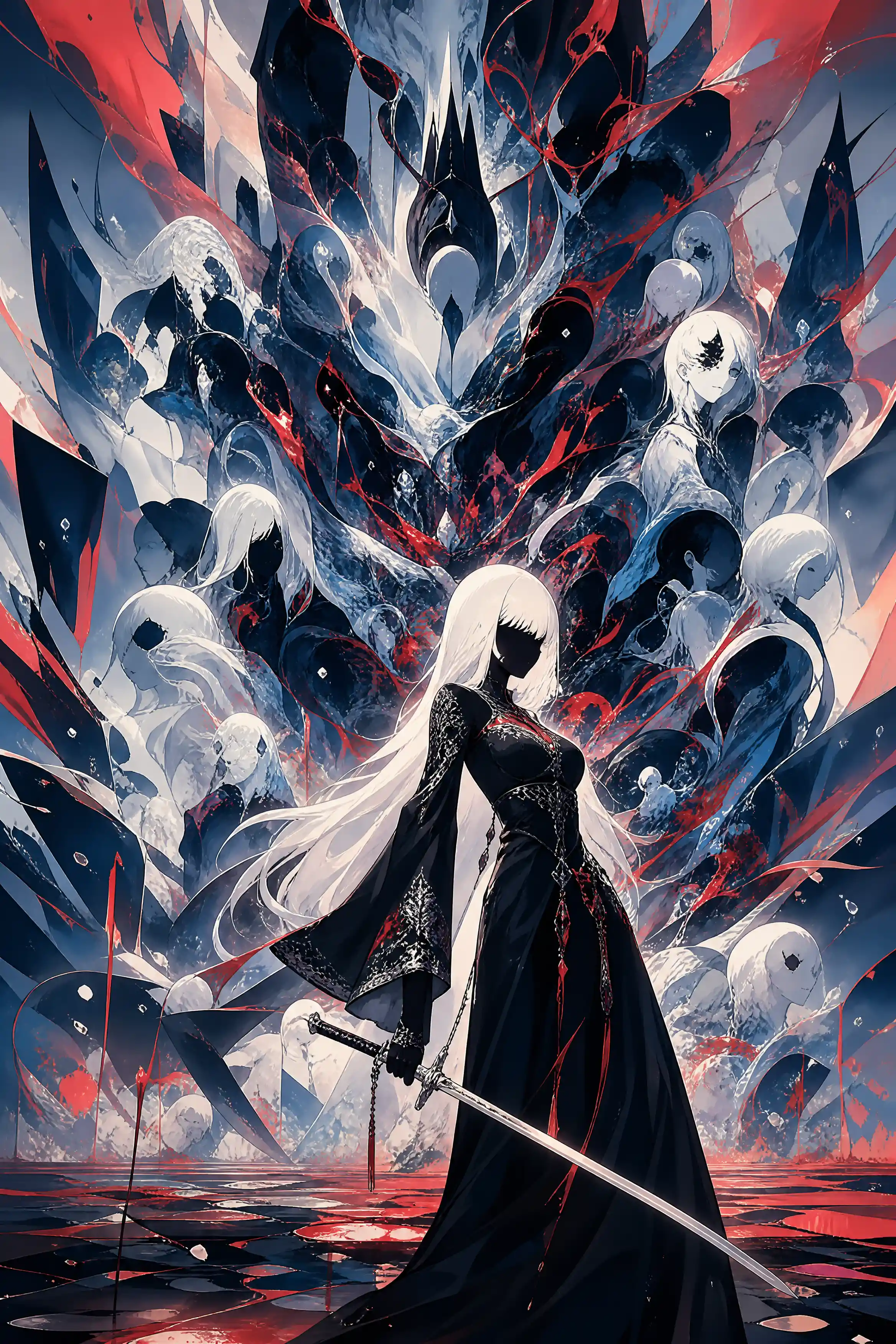White haired swordswoman facing vast cosmic horror entity