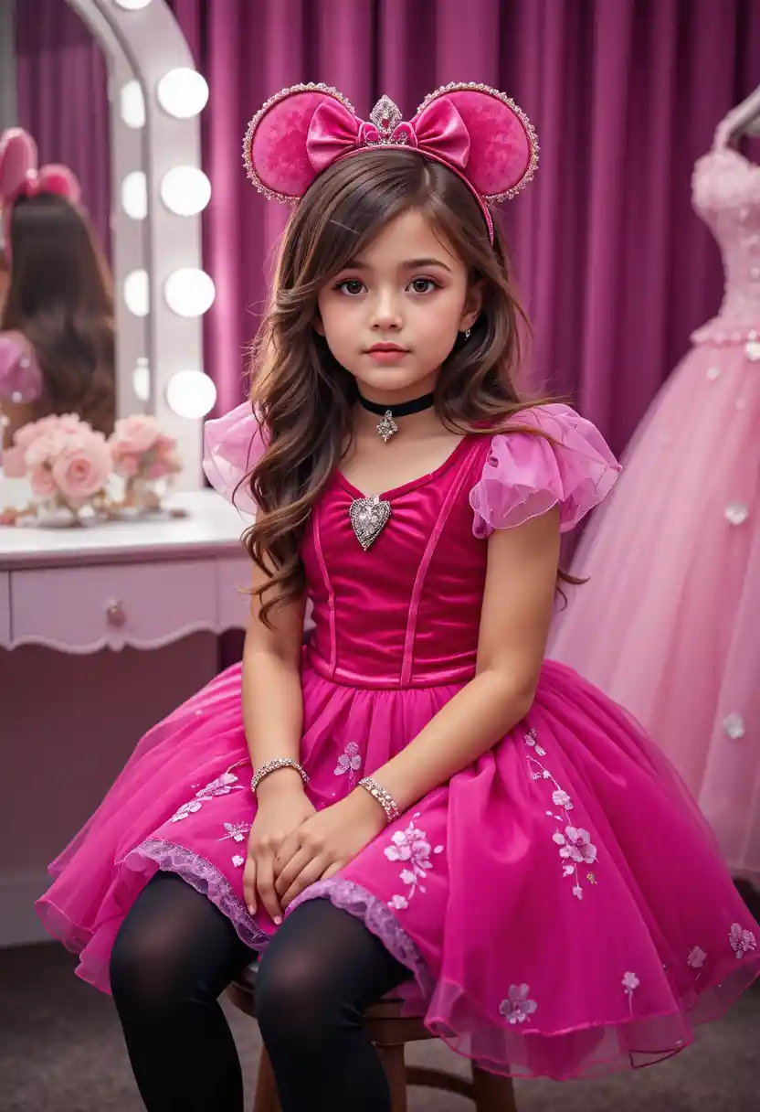 Hispanic boy in pink princess dress at vanity stool
